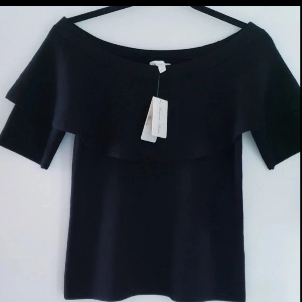 Minnie Rose Women’s Short Sleeve Off The Shoulder Ruffle Sweater-Size L- Black